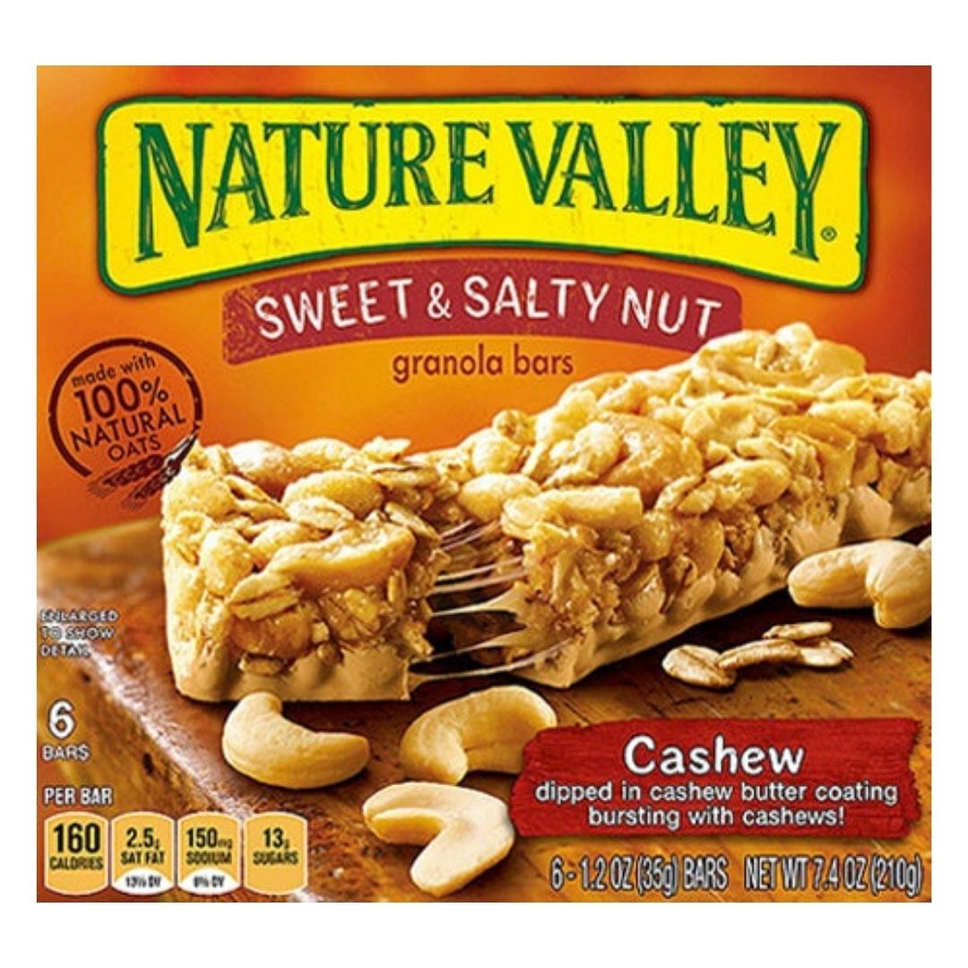 Packaging of Nature Valley Sweet & Salty Nut granola bars with cashew nuts, displaying the bar's ingredients and nutritional information.